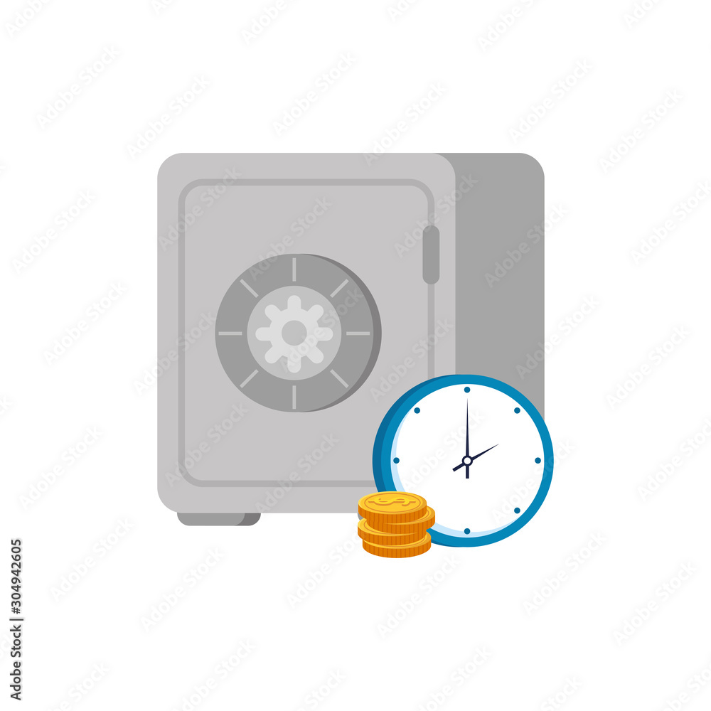 Poster strongbox with clock and coins isolated icon vector illustration design