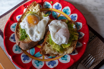 Poached eggs on table