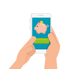 hand and smartphone with piggy bank vector illustration design