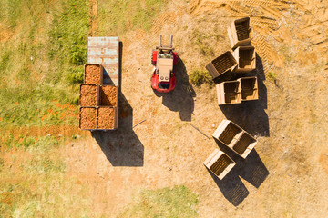 Pallets of fresh harvested Carrots on a trailer in a large filed with a Red forklift and empty pallets.