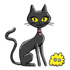 Black cat with pink heart necklace and her yellow toy