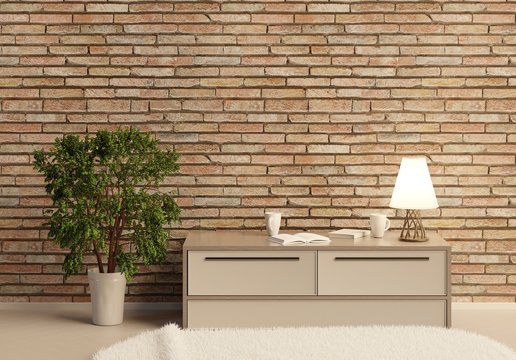 Home interior with brick wall and small table with lamp. Large indoor plant on the floor. 3D rendering. 3D illustration.