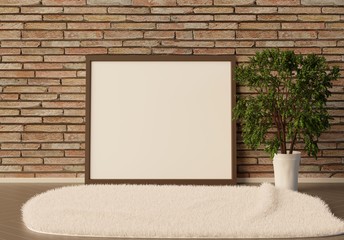 Template of an empty frame on a background of a brick wall. Large room wood and white carpet on the floor. 3D rendering. 3D illustration.