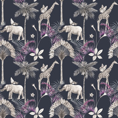 Fototapety  Beautiful african safari animal tropical seamless pattern. Trendy style. Print with elephants and giraffe. Dark background,