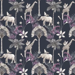 Velours gordijnen Olifant Prachtige Afrikaanse safari dierlijk tropisch naadloos patroon. Trendy stijl. Print met olifanten en giraf. Donkere achtergrond,