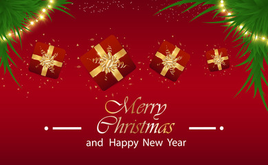  Merry Christmas and happy new year festive realistic red background. New year illustration with gift box and golden tinsel.