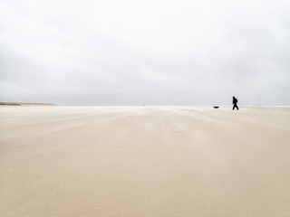 A man and his dog walking on the fine sandy  beaches of the Langeog island in Germany in Autumn
