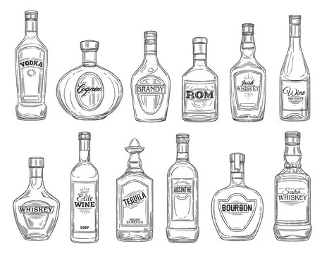 Alcohol drink bottles sketch icons, bar menu drinks and beverages. Vector isolated bottles of premium quality vodka, Irish and Scotch whiskey and wine, elite cognac with absinthe, tequila and bourbon