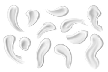 Cream swatches and lotion smears 3d vector of beauty, face skin care product design. Realistic drop shaped strokes of facial moisturiser, body milk or gel samples, cosmetic and skincare themes