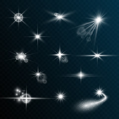  Set of bright beautiful stars. Light effect. Bright star. Beautiful light to illustrate. Christmas star. White sparkles shine with a special light effect. Vector sparkles on a transparent background.