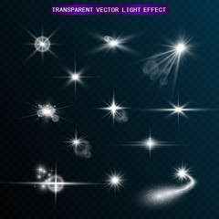  Set of bright beautiful stars. Light effect. Bright star. Beautiful light to illustrate. Christmas star. White sparkles shine with a special light effect. Vector sparkles on a transparent background.
