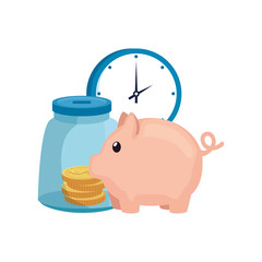 clock with piggy bank and money box vector illustration design