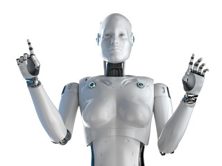 Female cyborg or robot finger point