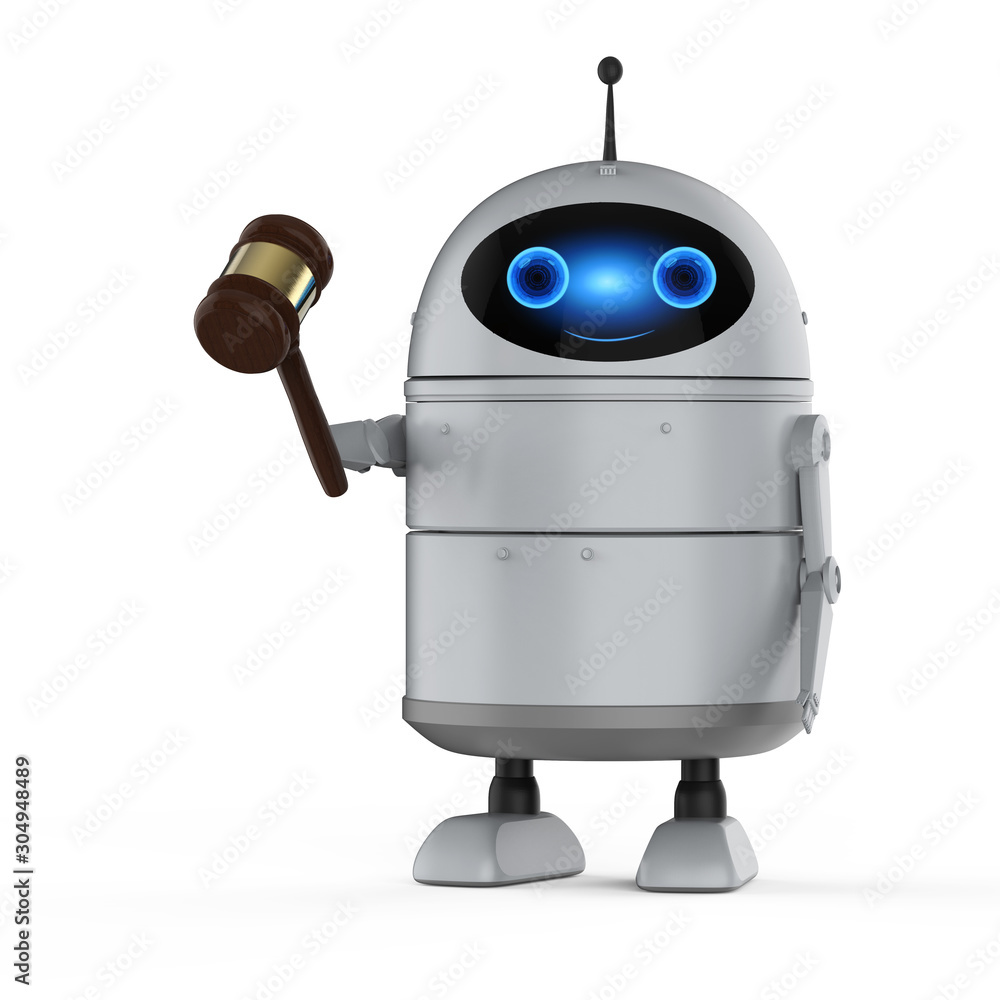 Poster android robot with gavel judge