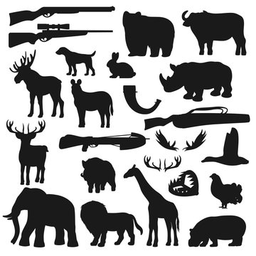 Hunter ammo equipment, hunt wild animals and birds silhouette icons. Vector hunting season deer, elk and beer, African safari hunt lion, giraffe and elephant, rhinoceros, duck and hunter rifle guns