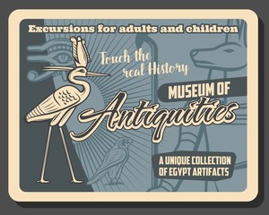 Ancient Egypt antiquity and history museum vintage retro poster. Vector Egypt travel and tourist culture tour excursions, Anubis god and Horus eye, Egyptian hieroglyph symbols and Bennu bird
