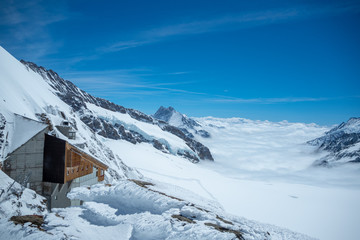 Beautiful panorama view of Aletsch Glacier in  Jungfrau with clear blue sky looking from viewpoint...