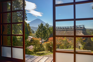 old traditional japanese house with Mount Fuji 