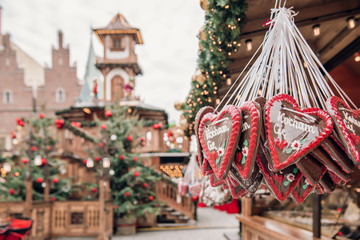 Set of Traditional Christmas Gingerbread Cookies in a Heart Shape at a Fair Before Opening