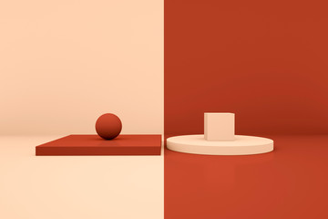 Creative layout made of Pink ball and blue cubes, geometric space background, 3d rendering.