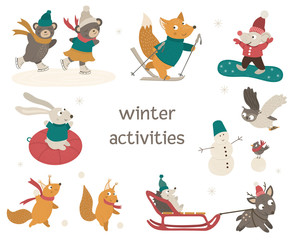 Fototapeta premium Vector set of cute woodland animals doing winter activities. Funny forest characters with ski, skates, sleigh, snowboard, snowman. .