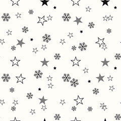 Snowflakes, stars, winter symbols, brushes set. Vector Christmas doodle brush line pattern. Seamless abstract shapes background. New Year and Merry Xmas seasonal hand drawn snow ornaments collection
