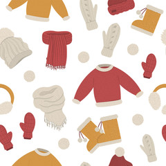 Winter clothes seamless pattern. Repeating background with vector clothing items for cold weather. Flat illustration of knitted warm sweater, hats, gloves, scarves, boots..