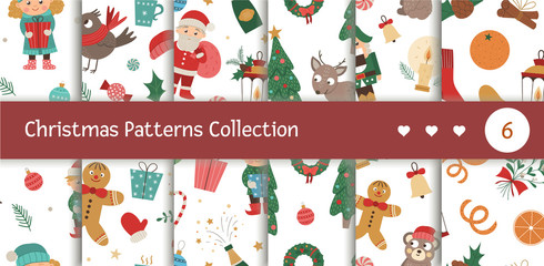 Vector Christmas seamless patterns collection. Cute funny repeat backgrounds collection with new year symbols. Christmas flat style picture for decorations or design..