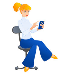 A girl sits in an office chair and calls on her cell phone. Flat design.