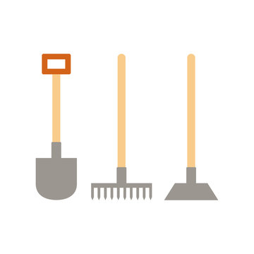 Gardening tools. Shovel, rake and hoe icon in a flat style.Vector illustration.