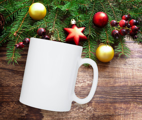 Winter mug mockup, blank white cup. Christmas background.