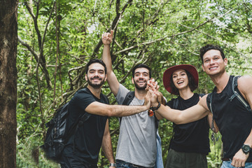 People, friendships on hiking trip for happy traveler on the kingdom of the green world surrounded by beautiful natural forests.Concept- Holiday and Traveler.