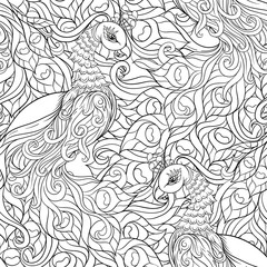 Peacock bird seamless pattern, background. Outline hand drawing vector illustration. Coloring page for the adult coloring book.