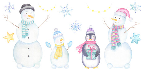 Snowmen and Penguin Watercolor Set