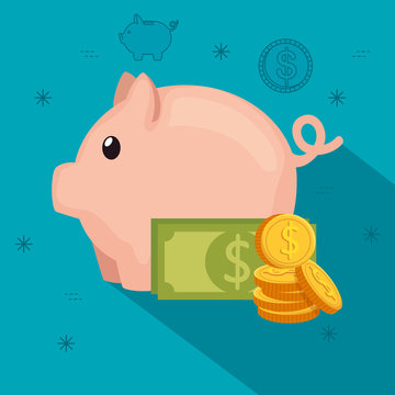 piggy bank with bill and coins vector illustration design