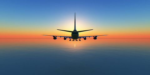 Plakat airplane in sunset sky, 3d rendering