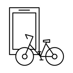 Bike rental and sharing app. Thin line icon: bicycle with smartphone screen. Modern vector linear illustration with editable stroke