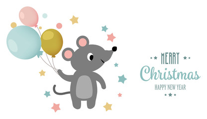 Cute christmas card with rat and balloons