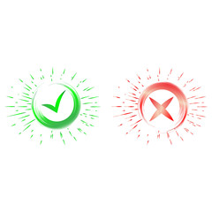 Tick and cross signs. Green checkmark OK and red X icons. Check mark, tick and cross brush signs, green checkmark OK and red X icons, symbols YES and NO button for vote