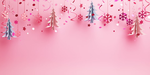Winter abstract design creative concept, hanging snow icon confetti glitter and pine, spruce, fir tree art paper cut, on pink  background. Copy space text area. 3D rendering illustration.