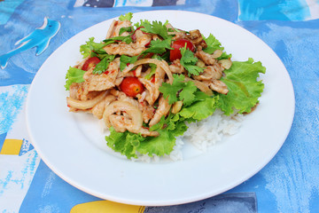 Rice with spicy pork salad on top