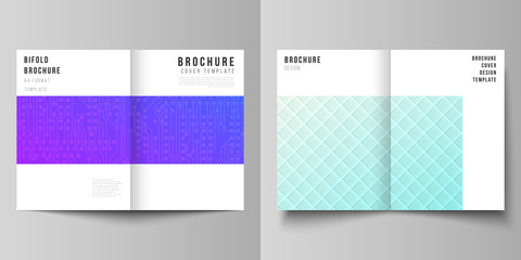 Vector layout of two A4 format modern cover mockups design templates for bifold brochure, magazine, flyer, booklet, annual report. Abstract geometric pattern with colorful gradient business background