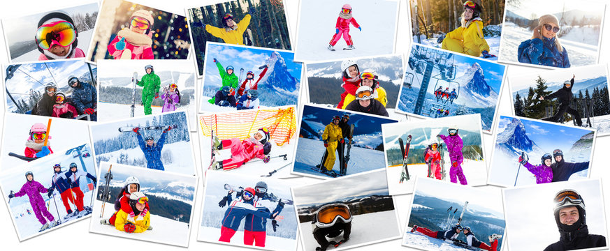 Big photo collage of winter sports ski and snowboarding. Groups of friends and individuals having fun, riding and jumping on slope and off-piste