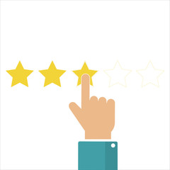 Online feedback reputation quality customer review concept flat style. Vector illustration. Hand puts 3 stars of rating. Reviews five stars in flat style. 3 stars in top icon. Star rating