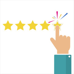 Online feedback reputation quality customer review concept flat style. Vector illustration. Hand puts 5 stars of rating. Reviews five stars in flat style. 5 stars in top icon. Star rating