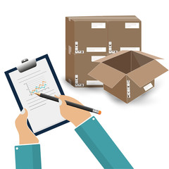 diagnostics with graphics in a folder in the hands and boxes for quality control, mark for the report on the quality of goods, quality control of cardboard boxes in the factory warehouse