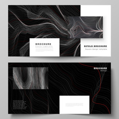 The black colored vector illustration of editable layout of two covers templates for square design bifold brochure, magazine, flyer, booklet. 3D grid surface, wavy vector background with ripple effect