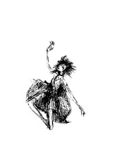 dancing girl in pencil, black and white drawing
