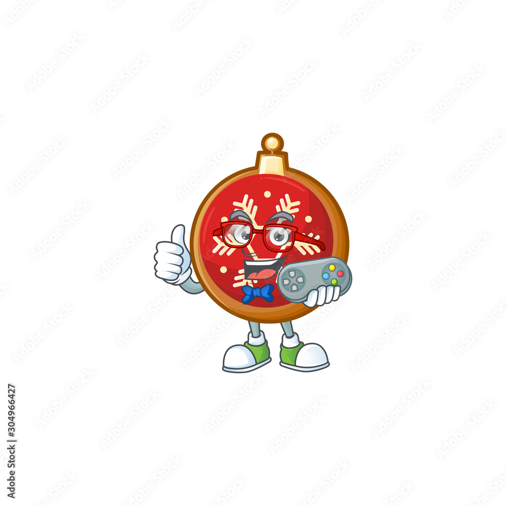 Poster Cute geek gamer red christmas ball cartoon character style.