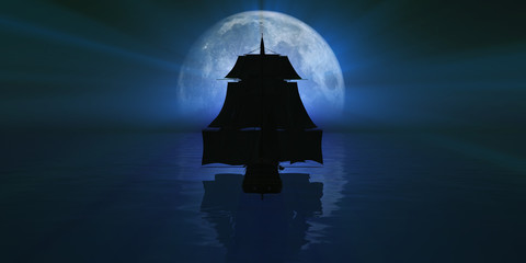 old ship at night full moon